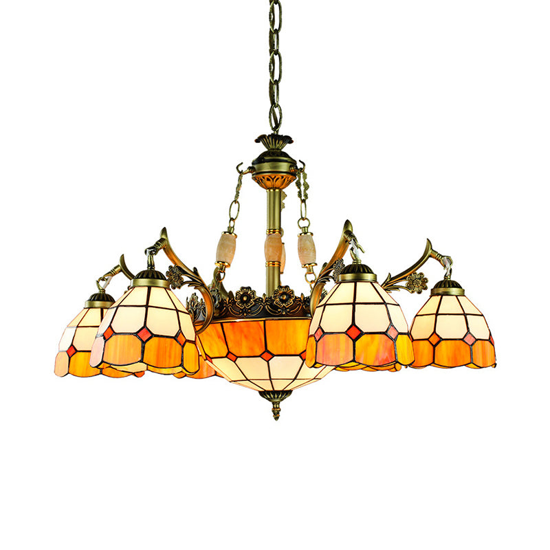 3/5/9/11 Lights Vintage Semi Globe Hanging Ceiling Light Stained Glass Indoor Lighting in Yellow for Library Clearhalo 'Ceiling Lights' 'Chandeliers' 'Close To Ceiling Lights' 'Industrial' 'Middle Century Chandeliers' 'Tiffany Chandeliers' 'Tiffany close to ceiling' 'Tiffany' Lighting' 177455
