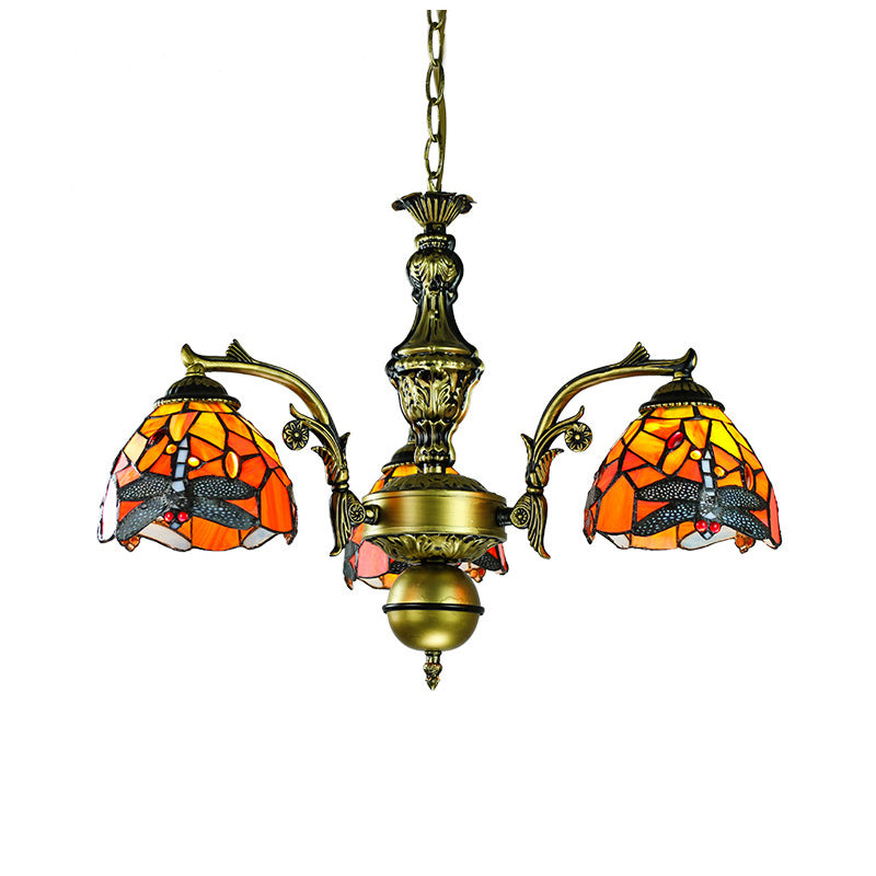 Stained Glass Rustic Geometric/Dragonfly/Sunflower Pendant Light with Adjustable Hanging Chain 3 Lights Chandelier in Antique Bronze Finish Clearhalo 'Ceiling Lights' 'Chandeliers' 'Industrial' 'Middle Century Chandeliers' 'Tiffany Chandeliers' 'Tiffany close to ceiling' 'Tiffany' Lighting' 177462