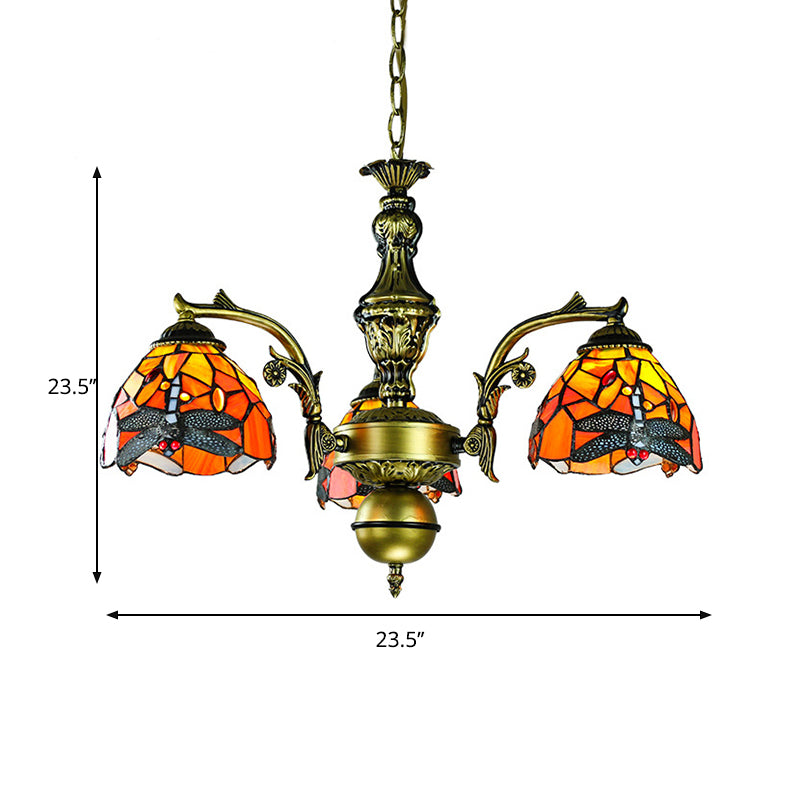 Stained Glass Rustic Geometric/Dragonfly/Sunflower Pendant Light with Adjustable Hanging Chain 3 Lights Chandelier in Antique Bronze Finish Clearhalo 'Ceiling Lights' 'Chandeliers' 'Industrial' 'Middle Century Chandeliers' 'Tiffany Chandeliers' 'Tiffany close to ceiling' 'Tiffany' Lighting' 177463