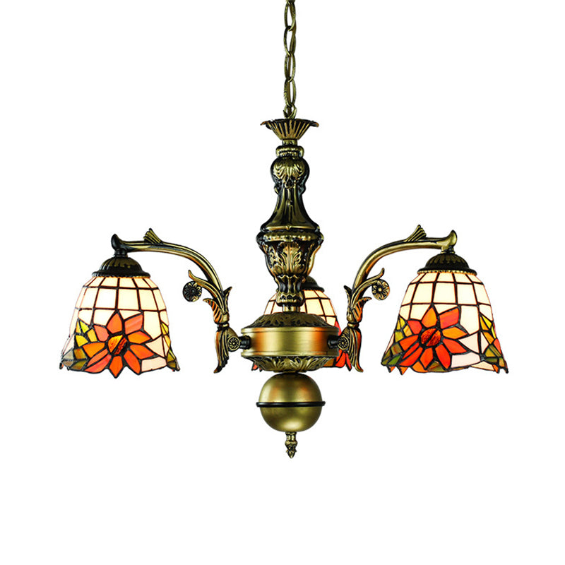 Stained Glass Rustic Geometric/Dragonfly/Sunflower Pendant Light with Adjustable Hanging Chain 3 Lights Chandelier in Antique Bronze Finish Clearhalo 'Ceiling Lights' 'Chandeliers' 'Industrial' 'Middle Century Chandeliers' 'Tiffany Chandeliers' 'Tiffany close to ceiling' 'Tiffany' Lighting' 177465