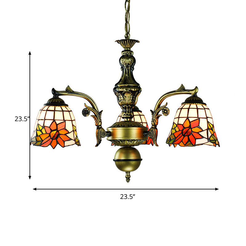 Stained Glass Rustic Geometric/Dragonfly/Sunflower Pendant Light with Adjustable Hanging Chain 3 Lights Chandelier in Antique Bronze Finish Clearhalo 'Ceiling Lights' 'Chandeliers' 'Industrial' 'Middle Century Chandeliers' 'Tiffany Chandeliers' 'Tiffany close to ceiling' 'Tiffany' Lighting' 177466
