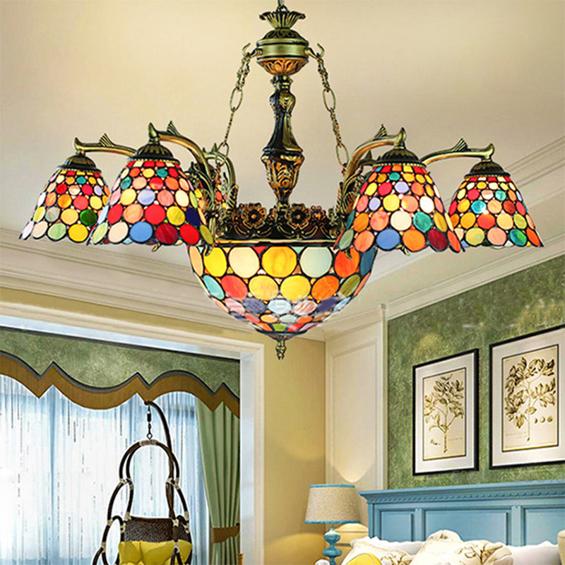 Tiffany Flared Chandelier 11-Light Stained Glass Hanging Ceiling Light in Antique Bronze with Geometric/Dragonfly/Sunflower Pattern Clearhalo 'Ceiling Lights' 'Chandeliers' 'Industrial' 'Middle Century Chandeliers' 'Tiffany Chandeliers' 'Tiffany close to ceiling' 'Tiffany' Lighting' 177478