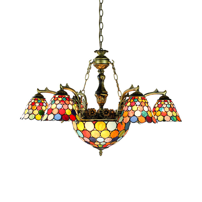 Tiffany Flared Chandelier 11-Light Stained Glass Hanging Ceiling Light in Antique Bronze with Geometric/Dragonfly/Sunflower Pattern Clearhalo 'Ceiling Lights' 'Chandeliers' 'Industrial' 'Middle Century Chandeliers' 'Tiffany Chandeliers' 'Tiffany close to ceiling' 'Tiffany' Lighting' 177479