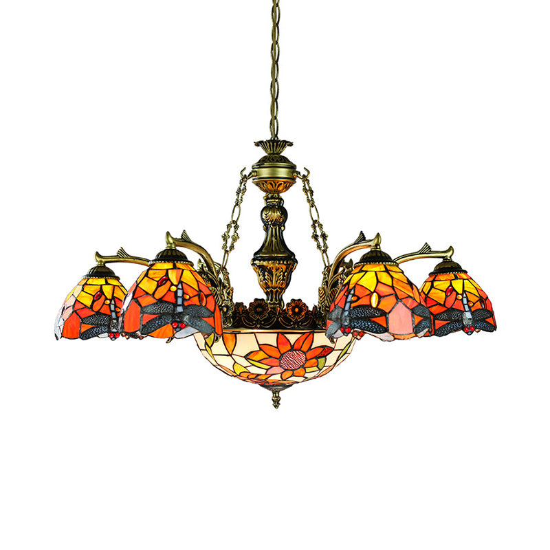 Tiffany Flared Chandelier 11-Light Stained Glass Hanging Ceiling Light in Antique Bronze with Geometric/Dragonfly/Sunflower Pattern Clearhalo 'Ceiling Lights' 'Chandeliers' 'Industrial' 'Middle Century Chandeliers' 'Tiffany Chandeliers' 'Tiffany close to ceiling' 'Tiffany' Lighting' 177482