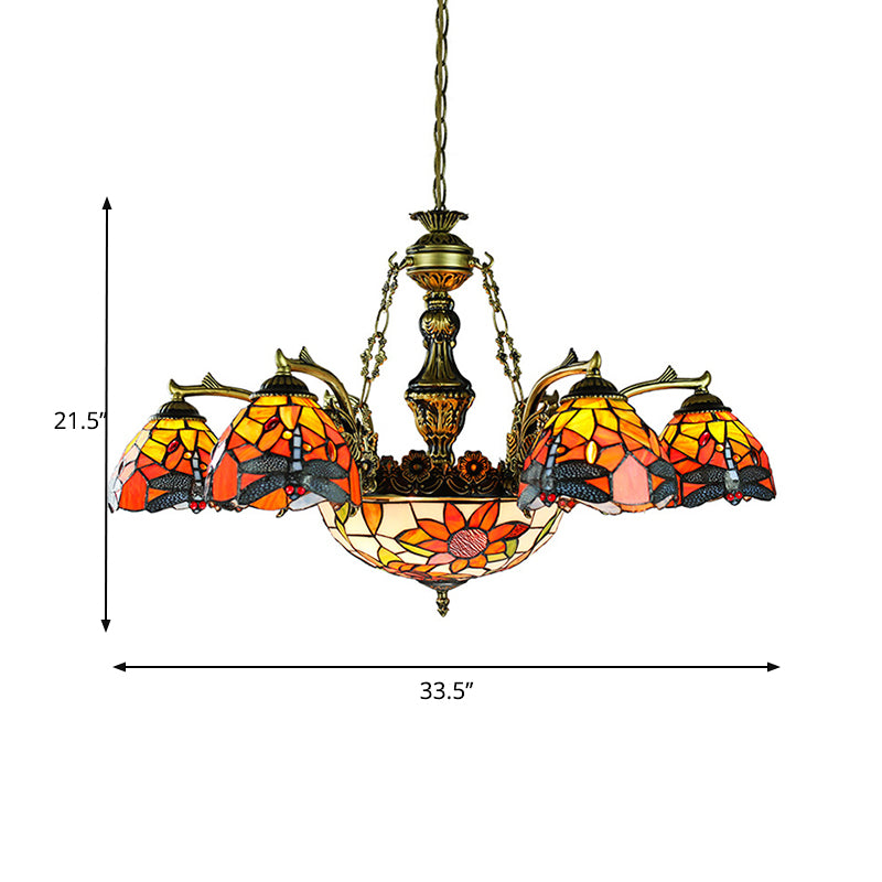 Tiffany Flared Chandelier 11-Light Stained Glass Hanging Ceiling Light in Antique Bronze with Geometric/Dragonfly/Sunflower Pattern Clearhalo 'Ceiling Lights' 'Chandeliers' 'Industrial' 'Middle Century Chandeliers' 'Tiffany Chandeliers' 'Tiffany close to ceiling' 'Tiffany' Lighting' 177483