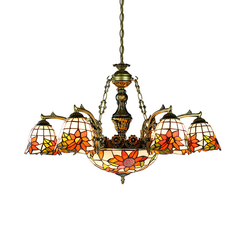 Tiffany Flared Chandelier 11-Light Stained Glass Hanging Ceiling Light in Antique Bronze with Geometric/Dragonfly/Sunflower Pattern Clearhalo 'Ceiling Lights' 'Chandeliers' 'Industrial' 'Middle Century Chandeliers' 'Tiffany Chandeliers' 'Tiffany close to ceiling' 'Tiffany' Lighting' 177485
