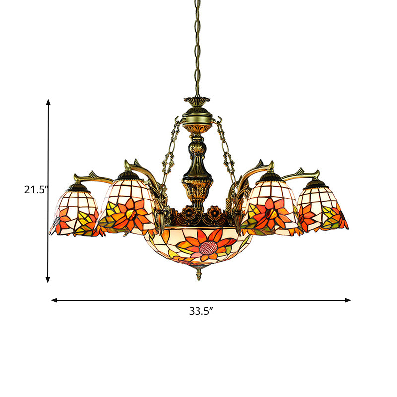 Tiffany Flared Chandelier 11-Light Stained Glass Hanging Ceiling Light in Antique Bronze with Geometric/Dragonfly/Sunflower Pattern Clearhalo 'Ceiling Lights' 'Chandeliers' 'Industrial' 'Middle Century Chandeliers' 'Tiffany Chandeliers' 'Tiffany close to ceiling' 'Tiffany' Lighting' 177486