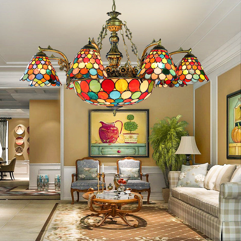 Antique Bronze Flared Hanging Light Tiffany 11 Lights Stained Glass Chandelier Lighting with Dragonfly/Geometric/Sunflower Pattern Clearhalo 'Ceiling Lights' 'Chandeliers' 'Industrial' 'Middle Century Chandeliers' 'Tiffany Chandeliers' 'Tiffany close to ceiling' 'Tiffany' Lighting' 177488