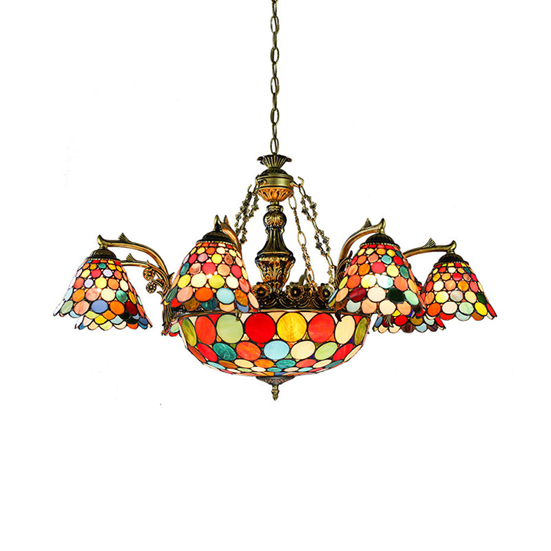 Antique Bronze Flared Hanging Light Tiffany 11 Lights Stained Glass Chandelier Lighting with Dragonfly/Geometric/Sunflower Pattern Clearhalo 'Ceiling Lights' 'Chandeliers' 'Industrial' 'Middle Century Chandeliers' 'Tiffany Chandeliers' 'Tiffany close to ceiling' 'Tiffany' Lighting' 177489