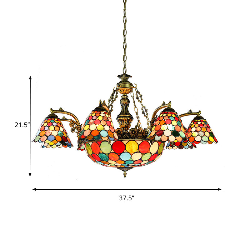 Antique Bronze Flared Hanging Light Tiffany 11 Lights Stained Glass Chandelier Lighting with Dragonfly/Geometric/Sunflower Pattern Clearhalo 'Ceiling Lights' 'Chandeliers' 'Industrial' 'Middle Century Chandeliers' 'Tiffany Chandeliers' 'Tiffany close to ceiling' 'Tiffany' Lighting' 177490