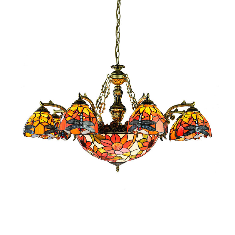 Antique Bronze Flared Hanging Light Tiffany 11 Lights Stained Glass Chandelier Lighting with Dragonfly/Geometric/Sunflower Pattern Clearhalo 'Ceiling Lights' 'Chandeliers' 'Industrial' 'Middle Century Chandeliers' 'Tiffany Chandeliers' 'Tiffany close to ceiling' 'Tiffany' Lighting' 177492