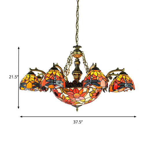 Antique Bronze Flared Hanging Light Tiffany 11 Lights Stained Glass Chandelier Lighting with Dragonfly/Geometric/Sunflower Pattern Clearhalo 'Ceiling Lights' 'Chandeliers' 'Industrial' 'Middle Century Chandeliers' 'Tiffany Chandeliers' 'Tiffany close to ceiling' 'Tiffany' Lighting' 177493