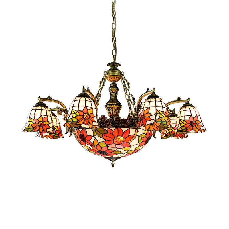 Antique Bronze Flared Hanging Light Tiffany 11 Lights Stained Glass Chandelier Lighting with Dragonfly/Geometric/Sunflower Pattern Clearhalo 'Ceiling Lights' 'Chandeliers' 'Industrial' 'Middle Century Chandeliers' 'Tiffany Chandeliers' 'Tiffany close to ceiling' 'Tiffany' Lighting' 177495