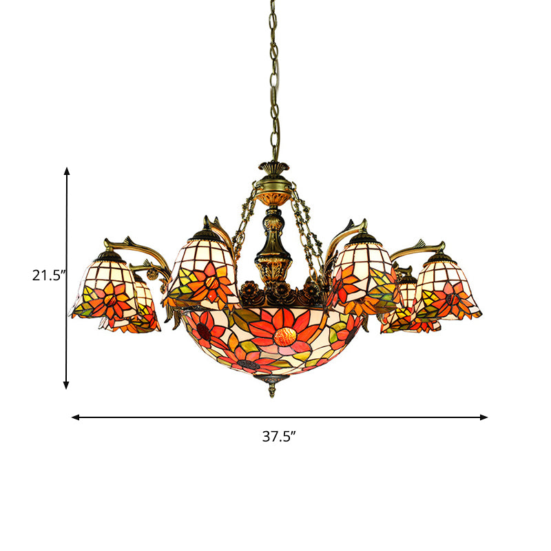 Antique Bronze Flared Hanging Light Tiffany 11 Lights Stained Glass Chandelier Lighting with Dragonfly/Geometric/Sunflower Pattern Clearhalo 'Ceiling Lights' 'Chandeliers' 'Industrial' 'Middle Century Chandeliers' 'Tiffany Chandeliers' 'Tiffany close to ceiling' 'Tiffany' Lighting' 177496