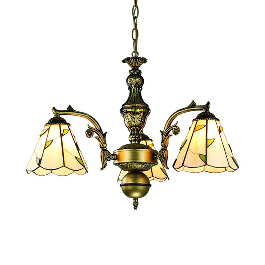 Vintage Rustic Cone Suspended Light with Leaf Pattern 3 Lights in Beige Glass Hanging Chandelier Clearhalo 'Ceiling Lights' 'Chandeliers' 'Industrial' 'Middle Century Chandeliers' 'Tiffany Chandeliers' 'Tiffany close to ceiling' 'Tiffany' Lighting' 177499
