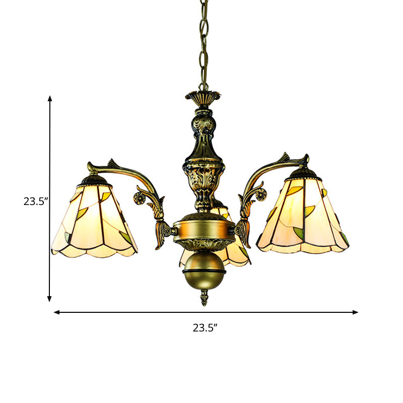 Vintage Rustic Cone Suspended Light with Leaf Pattern 3 Lights in Beige Glass Hanging Chandelier Clearhalo 'Ceiling Lights' 'Chandeliers' 'Industrial' 'Middle Century Chandeliers' 'Tiffany Chandeliers' 'Tiffany close to ceiling' 'Tiffany' Lighting' 177500