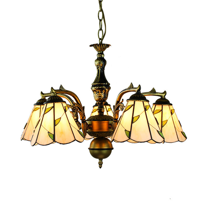 Curved Arm Chandelier Light with Hanging Chain and Leaf Glass Rustic 5 Lights Pendant Lamp in Beige Clearhalo 'Ceiling Lights' 'Chandeliers' 'Industrial' 'Middle Century Chandeliers' 'Tiffany Chandeliers' 'Tiffany close to ceiling' 'Tiffany' Lighting' 177503