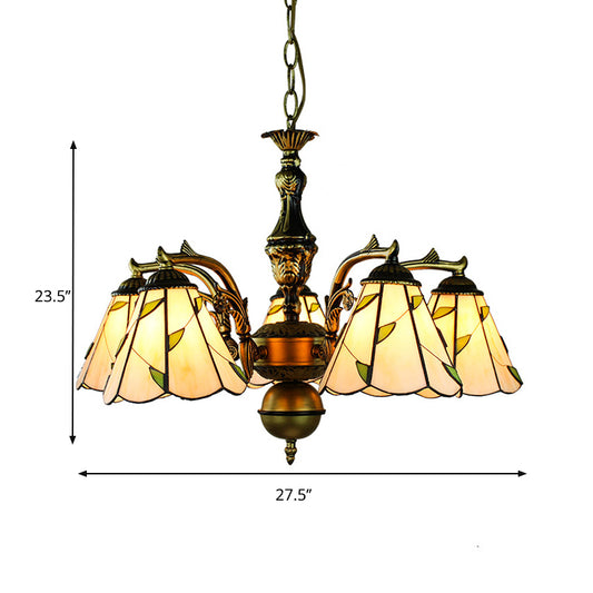 Curved Arm Chandelier Light with Hanging Chain and Leaf Glass Rustic 5 Lights Pendant Lamp in Beige Clearhalo 'Ceiling Lights' 'Chandeliers' 'Industrial' 'Middle Century Chandeliers' 'Tiffany Chandeliers' 'Tiffany close to ceiling' 'Tiffany' Lighting' 177504