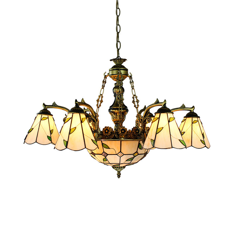 Stained Glass Conical Chandelier Light Fixture Tiffany 9/11 Lights Beige Down Lighting with Leaf Pattern Clearhalo 'Ceiling Lights' 'Chandeliers' 'Industrial' 'Middle Century Chandeliers' 'Tiffany Chandeliers' 'Tiffany close to ceiling' 'Tiffany' Lighting' 177507