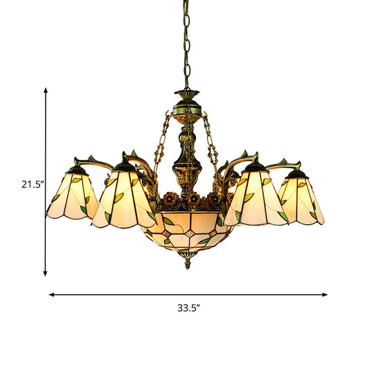 Stained Glass Conical Chandelier Light Fixture Tiffany 9/11 Lights Beige Down Lighting with Leaf Pattern Clearhalo 'Ceiling Lights' 'Chandeliers' 'Industrial' 'Middle Century Chandeliers' 'Tiffany Chandeliers' 'Tiffany close to ceiling' 'Tiffany' Lighting' 177508