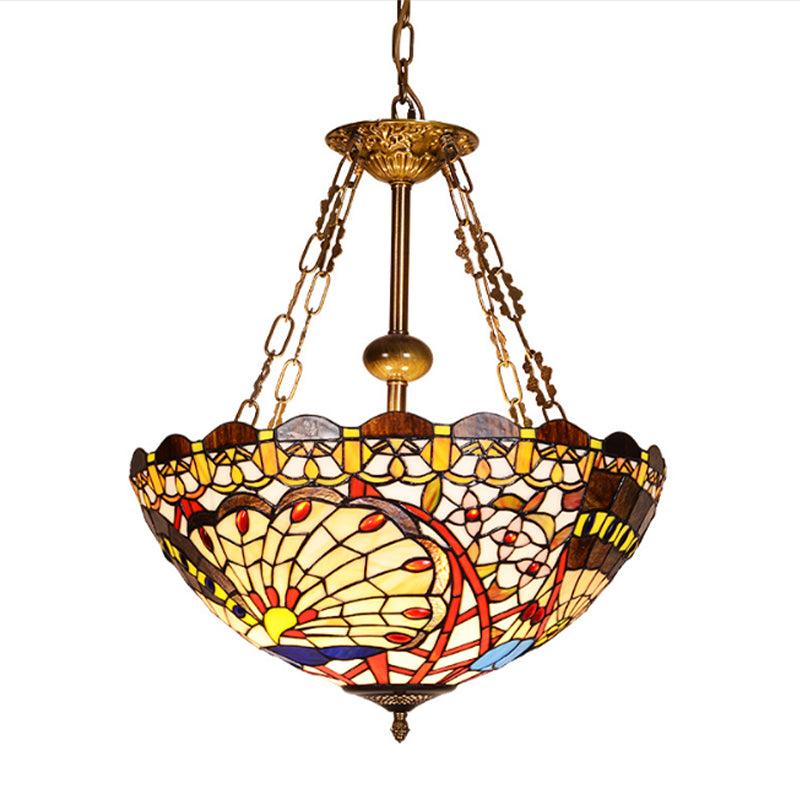 3 Bulbs Bowl Chandelier Lighting with Stained Glass Shade Victorian Pendant Light in Multi Color Clearhalo 'Ceiling Lights' 'Chandeliers' 'Close To Ceiling Lights' 'Industrial' 'Middle Century Chandeliers' 'Tiffany Chandeliers' 'Tiffany close to ceiling' 'Tiffany' Lighting' 177514