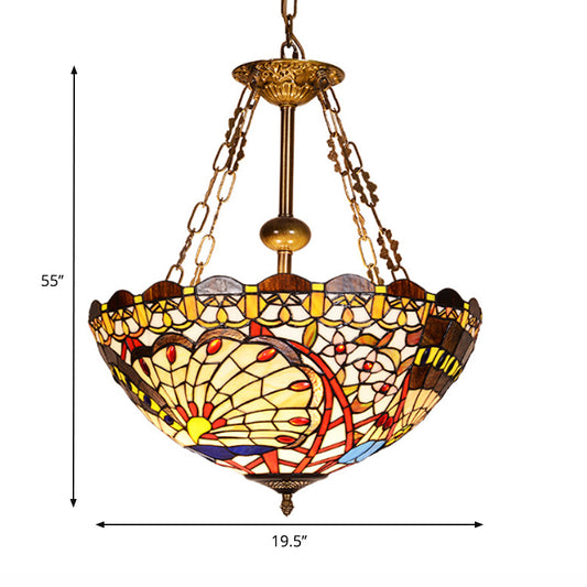 3 Bulbs Bowl Chandelier Lighting with Stained Glass Shade Victorian Pendant Light in Multi Color Clearhalo 'Ceiling Lights' 'Chandeliers' 'Close To Ceiling Lights' 'Industrial' 'Middle Century Chandeliers' 'Tiffany Chandeliers' 'Tiffany close to ceiling' 'Tiffany' Lighting' 177515