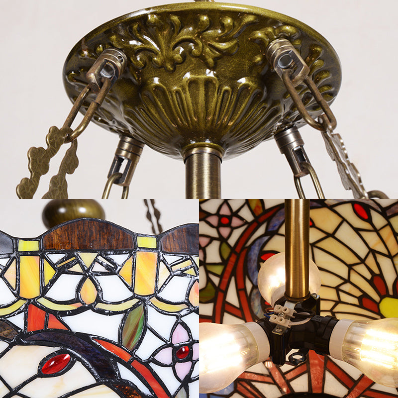 3 Bulbs Bowl Chandelier Lighting with Stained Glass Shade Victorian Pendant Light in Multi Color Clearhalo 'Ceiling Lights' 'Chandeliers' 'Close To Ceiling Lights' 'Industrial' 'Middle Century Chandeliers' 'Tiffany Chandeliers' 'Tiffany close to ceiling' 'Tiffany' Lighting' 177516