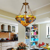 Floral Hanging Light Fixture 3 Bulbs Stained Glass Tiffany Lodge Ceiling Chandelier Light in Antique Brass Finish Antique Brass Clearhalo 'Ceiling Lights' 'Chandeliers' 'Industrial' 'Middle Century Chandeliers' 'Tiffany Chandeliers' 'Tiffany close to ceiling' 'Tiffany' Lighting' 177517