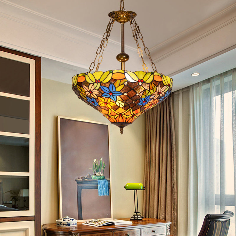 Floral Hanging Light Fixture 3 Bulbs Stained Glass Tiffany Lodge Ceiling Chandelier Light in Antique Brass Finish Clearhalo 'Ceiling Lights' 'Chandeliers' 'Industrial' 'Middle Century Chandeliers' 'Tiffany Chandeliers' 'Tiffany close to ceiling' 'Tiffany' Lighting' 177518