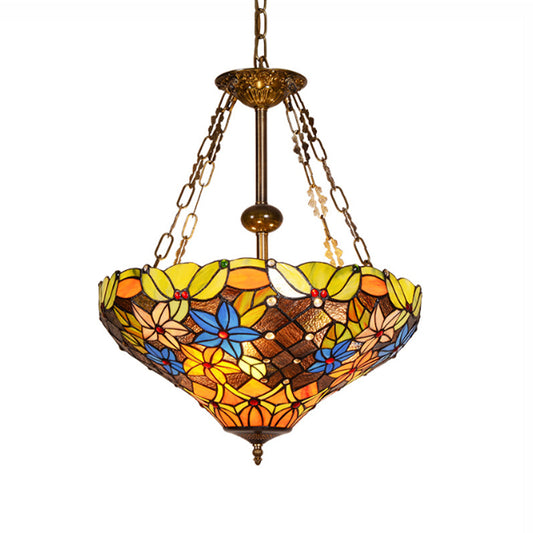 Floral Hanging Light Fixture 3 Bulbs Stained Glass Tiffany Lodge Ceiling Chandelier Light in Antique Brass Finish Clearhalo 'Ceiling Lights' 'Chandeliers' 'Industrial' 'Middle Century Chandeliers' 'Tiffany Chandeliers' 'Tiffany close to ceiling' 'Tiffany' Lighting' 177519