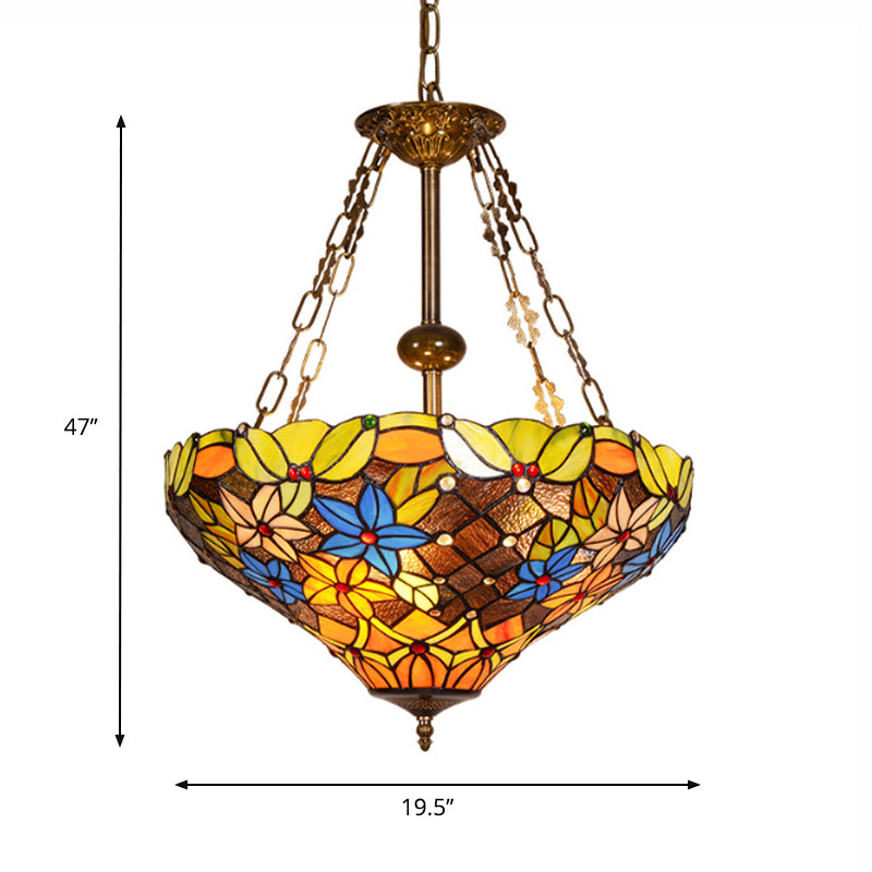 Floral Hanging Light Fixture 3 Bulbs Stained Glass Tiffany Lodge Ceiling Chandelier Light in Antique Brass Finish Clearhalo 'Ceiling Lights' 'Chandeliers' 'Industrial' 'Middle Century Chandeliers' 'Tiffany Chandeliers' 'Tiffany close to ceiling' 'Tiffany' Lighting' 177520