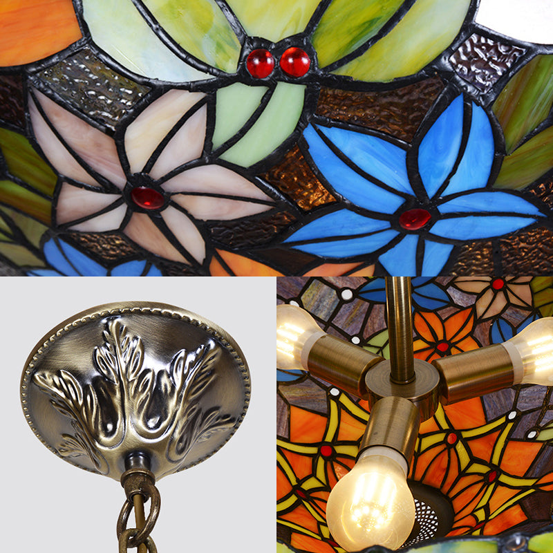 Floral Hanging Light Fixture 3 Bulbs Stained Glass Tiffany Lodge Ceiling Chandelier Light in Antique Brass Finish Clearhalo 'Ceiling Lights' 'Chandeliers' 'Industrial' 'Middle Century Chandeliers' 'Tiffany Chandeliers' 'Tiffany close to ceiling' 'Tiffany' Lighting' 177521