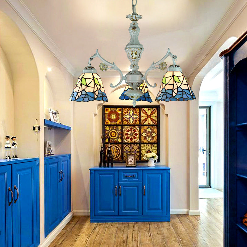 Traditional Indoor Pendant Light with Flower/Gem/Diamond/Square Pattern Stained Glass 3 Lights Chandelier in Blue for Dining Table Blue Flower Clearhalo 'Ceiling Lights' 'Chandeliers' 'Industrial' 'Middle Century Chandeliers' 'Tiffany Chandeliers' 'Tiffany close to ceiling' 'Tiffany' Lighting' 177522