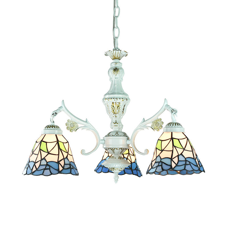 Traditional Indoor Pendant Light with Flower/Gem/Diamond/Square Pattern Stained Glass 3 Lights Chandelier in Blue for Dining Table Clearhalo 'Ceiling Lights' 'Chandeliers' 'Industrial' 'Middle Century Chandeliers' 'Tiffany Chandeliers' 'Tiffany close to ceiling' 'Tiffany' Lighting' 177523