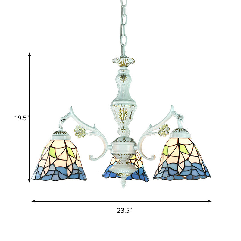 Traditional Indoor Pendant Light with Flower/Gem/Diamond/Square Pattern Stained Glass 3 Lights Chandelier in Blue for Dining Table Clearhalo 'Ceiling Lights' 'Chandeliers' 'Industrial' 'Middle Century Chandeliers' 'Tiffany Chandeliers' 'Tiffany close to ceiling' 'Tiffany' Lighting' 177524