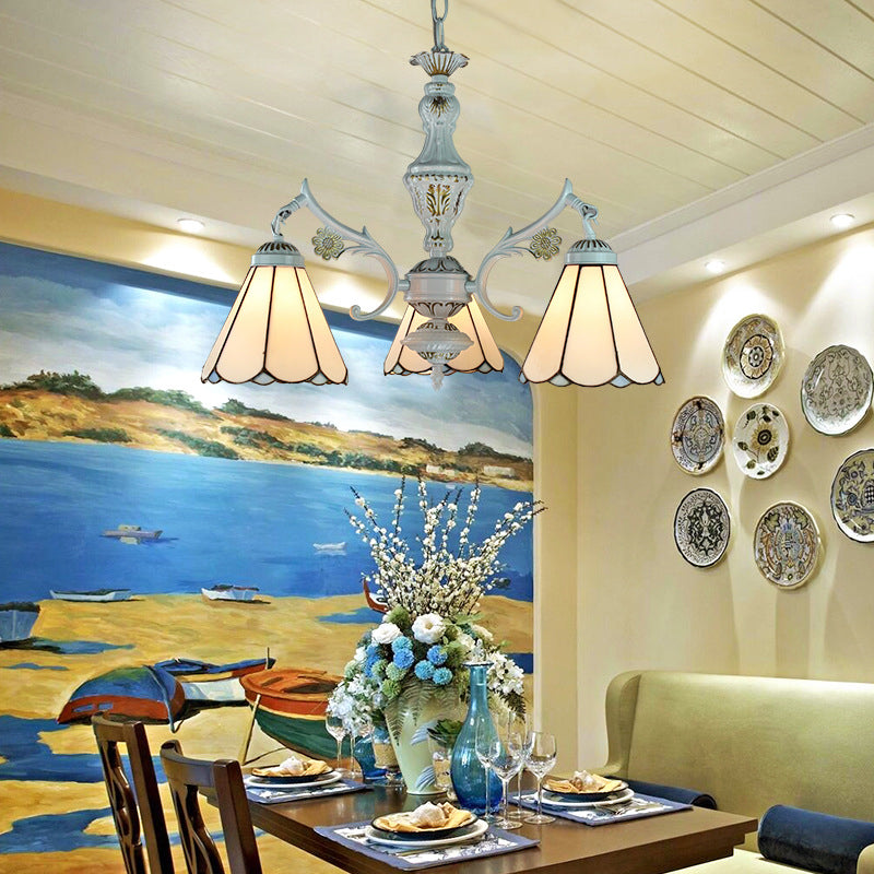 Traditional Indoor Pendant Light with Flower/Gem/Diamond/Square Pattern Stained Glass 3 Lights Chandelier in Blue for Dining Table Clearhalo 'Ceiling Lights' 'Chandeliers' 'Industrial' 'Middle Century Chandeliers' 'Tiffany Chandeliers' 'Tiffany close to ceiling' 'Tiffany' Lighting' 177526