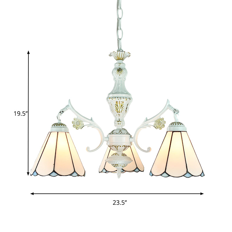 Traditional Indoor Pendant Light with Flower/Gem/Diamond/Square Pattern Stained Glass 3 Lights Chandelier in Blue for Dining Table Clearhalo 'Ceiling Lights' 'Chandeliers' 'Industrial' 'Middle Century Chandeliers' 'Tiffany Chandeliers' 'Tiffany close to ceiling' 'Tiffany' Lighting' 177528