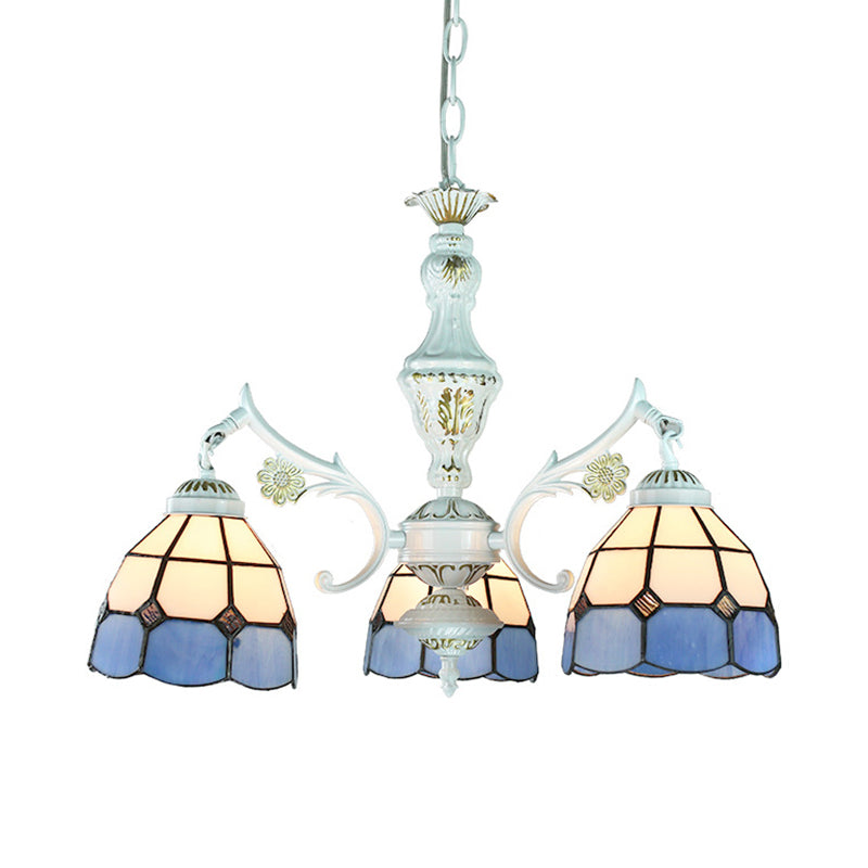 Traditional Indoor Pendant Light with Flower/Gem/Diamond/Square Pattern Stained Glass 3 Lights Chandelier in Blue for Dining Table Clearhalo 'Ceiling Lights' 'Chandeliers' 'Industrial' 'Middle Century Chandeliers' 'Tiffany Chandeliers' 'Tiffany close to ceiling' 'Tiffany' Lighting' 177530