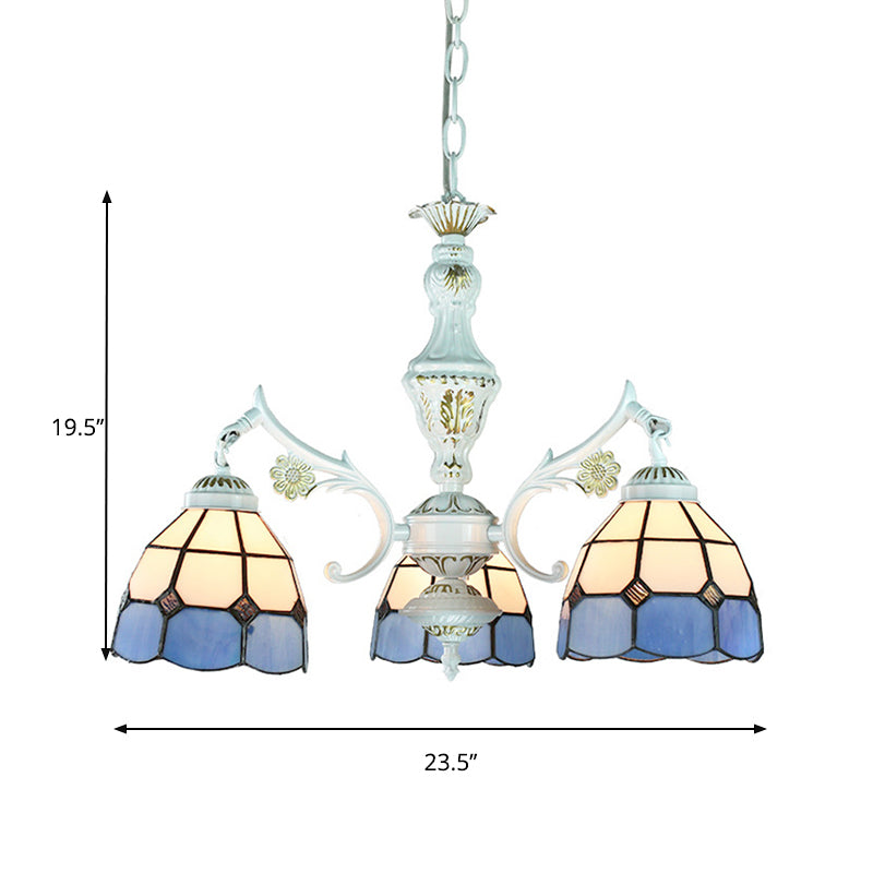 Traditional Indoor Pendant Light with Flower/Gem/Diamond/Square Pattern Stained Glass 3 Lights Chandelier in Blue for Dining Table Clearhalo 'Ceiling Lights' 'Chandeliers' 'Industrial' 'Middle Century Chandeliers' 'Tiffany Chandeliers' 'Tiffany close to ceiling' 'Tiffany' Lighting' 177531