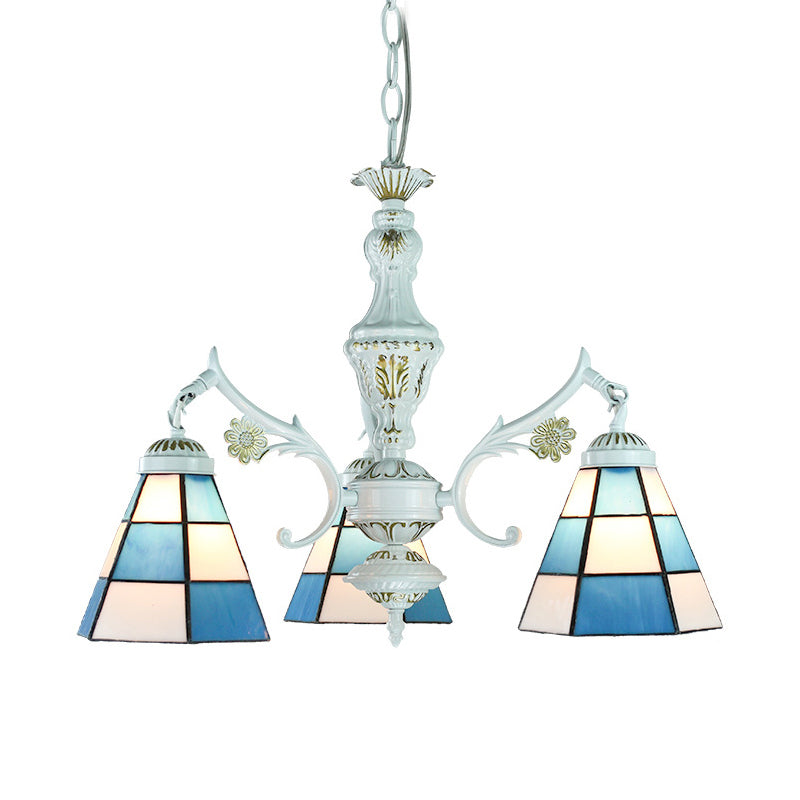 Traditional Indoor Pendant Light with Flower/Gem/Diamond/Square Pattern Stained Glass 3 Lights Chandelier in Blue for Dining Table Clearhalo 'Ceiling Lights' 'Chandeliers' 'Industrial' 'Middle Century Chandeliers' 'Tiffany Chandeliers' 'Tiffany close to ceiling' 'Tiffany' Lighting' 177533