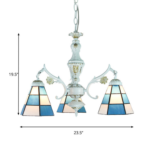 Traditional Indoor Pendant Light with Flower/Gem/Diamond/Square Pattern Stained Glass 3 Lights Chandelier in Blue for Dining Table Clearhalo 'Ceiling Lights' 'Chandeliers' 'Industrial' 'Middle Century Chandeliers' 'Tiffany Chandeliers' 'Tiffany close to ceiling' 'Tiffany' Lighting' 177534
