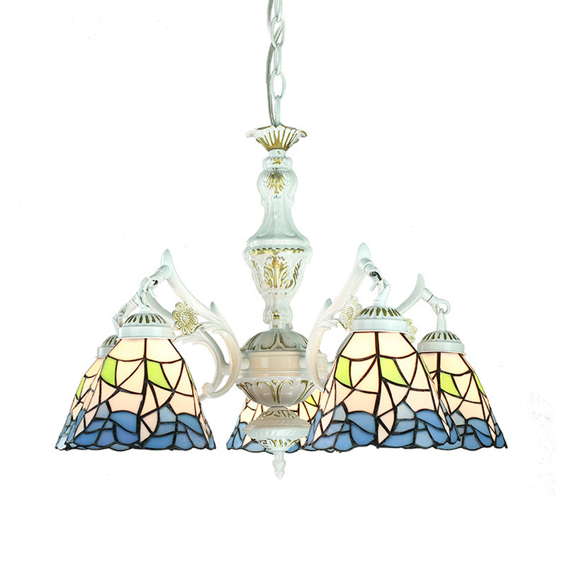 5 Lights Tiffany Flower/Square/Gem/Diamond Chandelier Light Stained Glass Indoor Lighting for Foyer with Adjustable Chain in Blue Clearhalo 'Ceiling Lights' 'Chandeliers' 'Industrial' 'Middle Century Chandeliers' 'Tiffany Chandeliers' 'Tiffany close to ceiling' 'Tiffany' Lighting' 177536