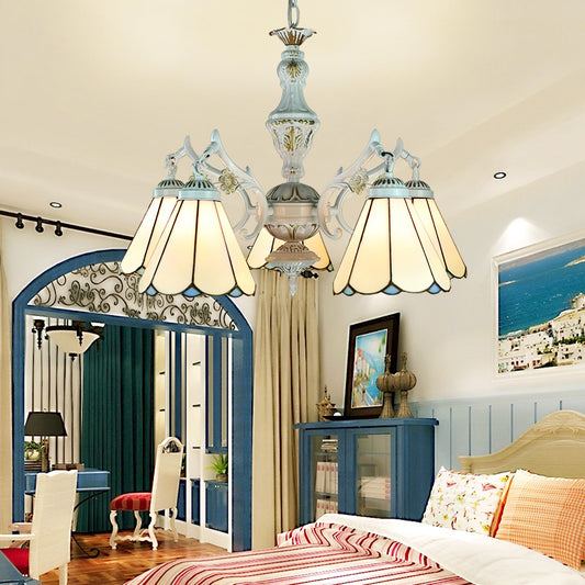 5 Lights Tiffany Flower/Square/Gem/Diamond Chandelier Light Stained Glass Indoor Lighting for Foyer with Adjustable Chain in Blue Clearhalo 'Ceiling Lights' 'Chandeliers' 'Industrial' 'Middle Century Chandeliers' 'Tiffany Chandeliers' 'Tiffany close to ceiling' 'Tiffany' Lighting' 177539