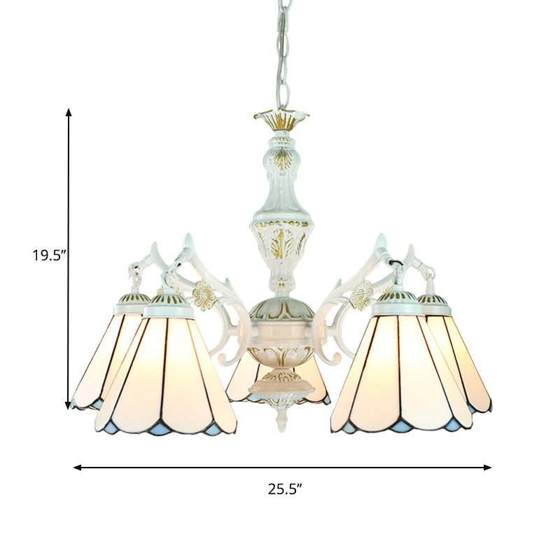 5 Lights Tiffany Flower/Square/Gem/Diamond Chandelier Light Stained Glass Indoor Lighting for Foyer with Adjustable Chain in Blue Clearhalo 'Ceiling Lights' 'Chandeliers' 'Industrial' 'Middle Century Chandeliers' 'Tiffany Chandeliers' 'Tiffany close to ceiling' 'Tiffany' Lighting' 177541