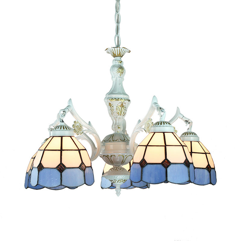 5 Lights Tiffany Flower/Square/Gem/Diamond Chandelier Light Stained Glass Indoor Lighting for Foyer with Adjustable Chain in Blue Clearhalo 'Ceiling Lights' 'Chandeliers' 'Industrial' 'Middle Century Chandeliers' 'Tiffany Chandeliers' 'Tiffany close to ceiling' 'Tiffany' Lighting' 177543