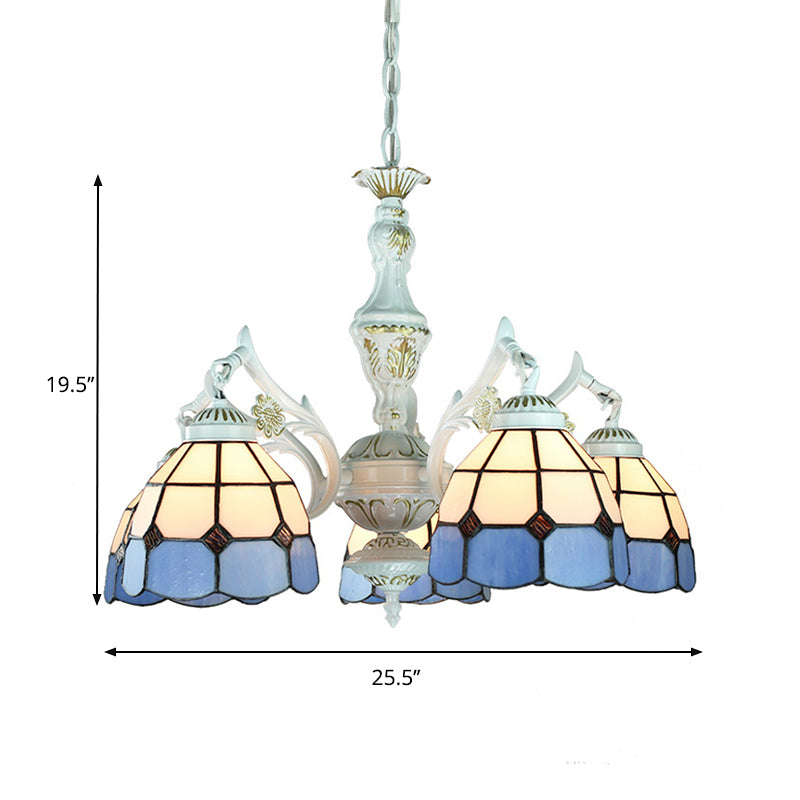 5 Lights Tiffany Flower/Square/Gem/Diamond Chandelier Light Stained Glass Indoor Lighting for Foyer with Adjustable Chain in Blue Clearhalo 'Ceiling Lights' 'Chandeliers' 'Industrial' 'Middle Century Chandeliers' 'Tiffany Chandeliers' 'Tiffany close to ceiling' 'Tiffany' Lighting' 177544