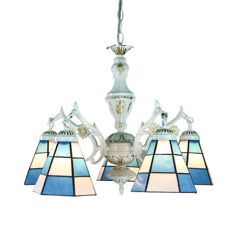 5 Lights Tiffany Flower/Square/Gem/Diamond Chandelier Light Stained Glass Indoor Lighting for Foyer with Adjustable Chain in Blue Clearhalo 'Ceiling Lights' 'Chandeliers' 'Industrial' 'Middle Century Chandeliers' 'Tiffany Chandeliers' 'Tiffany close to ceiling' 'Tiffany' Lighting' 177546