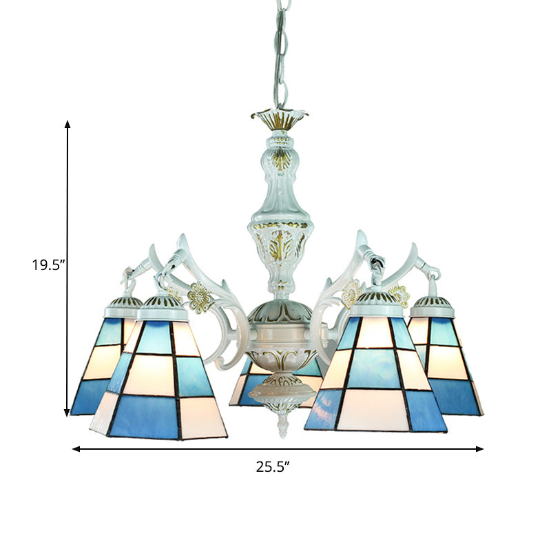 5 Lights Tiffany Flower/Square/Gem/Diamond Chandelier Light Stained Glass Indoor Lighting for Foyer with Adjustable Chain in Blue Clearhalo 'Ceiling Lights' 'Chandeliers' 'Industrial' 'Middle Century Chandeliers' 'Tiffany Chandeliers' 'Tiffany close to ceiling' 'Tiffany' Lighting' 177547