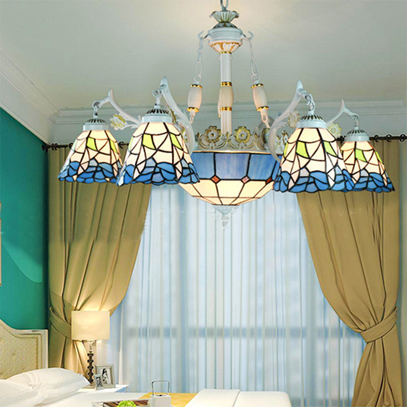 Mediterranean Cone Chandelier Light Fixture 9 Lights Stained Glass Suspension Pendant in Blue with Flower/Square/Diamond/Gem Pattern Blue Flower Clearhalo 'Ceiling Lights' 'Chandeliers' 'Industrial' 'Middle Century Chandeliers' 'Tiffany Chandeliers' 'Tiffany close to ceiling' 'Tiffany' Lighting' 177548