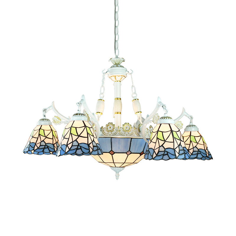 Mediterranean Cone Chandelier Light Fixture 9 Lights Stained Glass Suspension Pendant in Blue with Flower/Square/Diamond/Gem Pattern Clearhalo 'Ceiling Lights' 'Chandeliers' 'Industrial' 'Middle Century Chandeliers' 'Tiffany Chandeliers' 'Tiffany close to ceiling' 'Tiffany' Lighting' 177549
